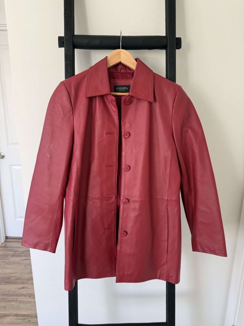 Vintage Bernardo Rose-Red Leather Button-Up Coat